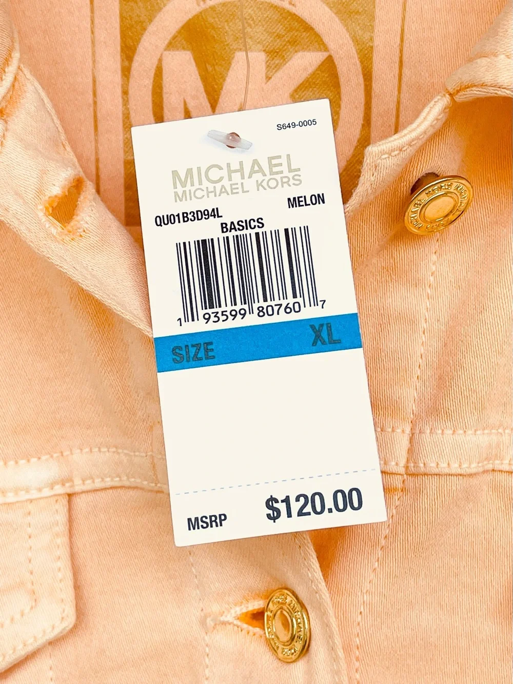 MICHAEL KORS Denim Jacket Gold Button Patch Pocket Pointed Collar Stretch